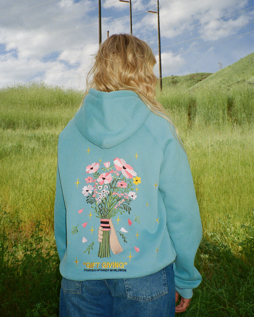 Gift Giving Floral Bouquet Graphic Hoodie-Blue