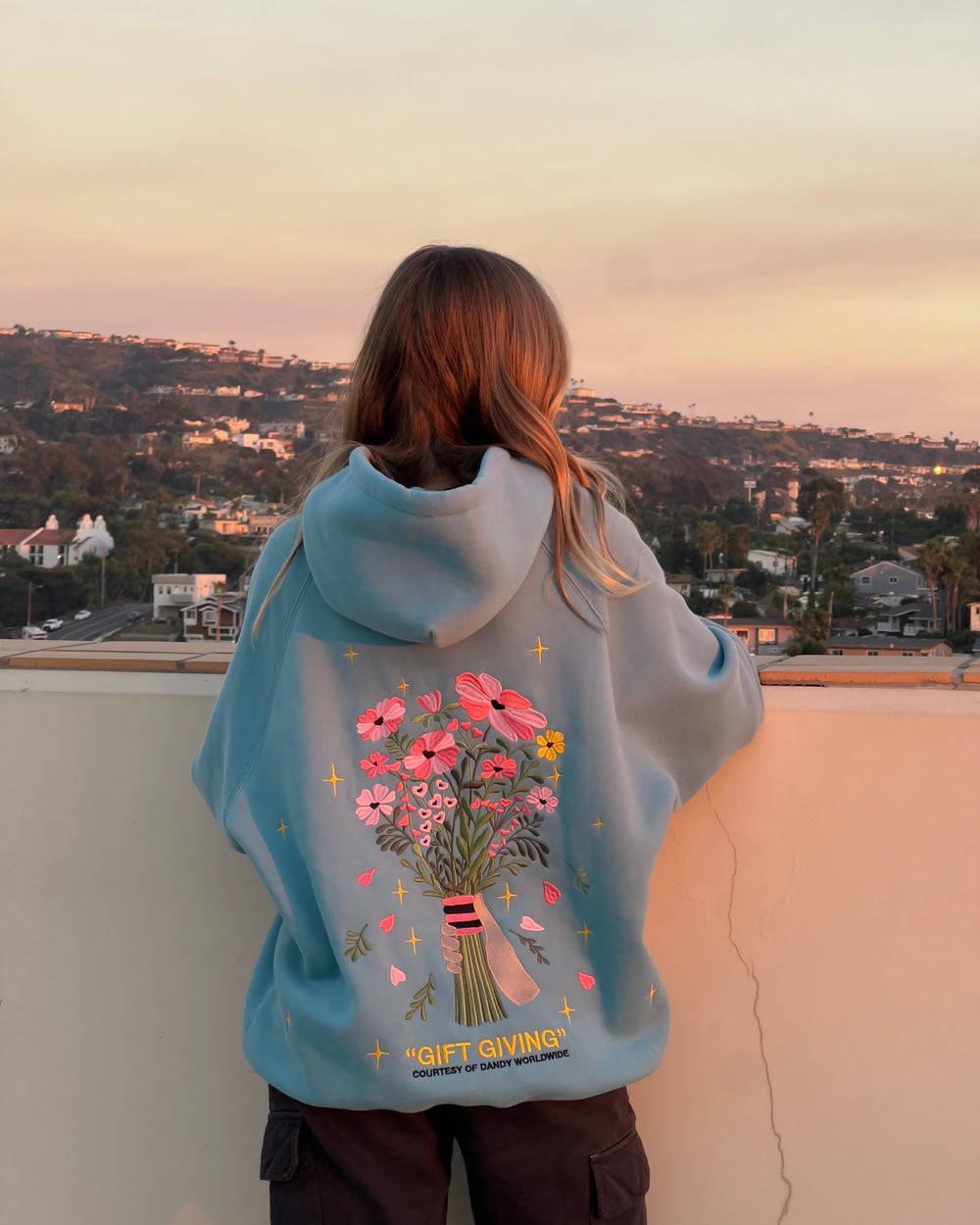 Gift Giving Floral Bouquet Graphic Hoodie-Blue