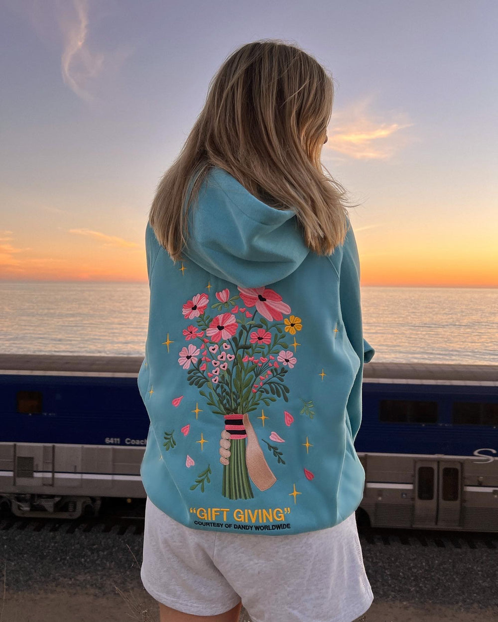 Gift Giving Floral Bouquet Graphic Hoodie-Blue